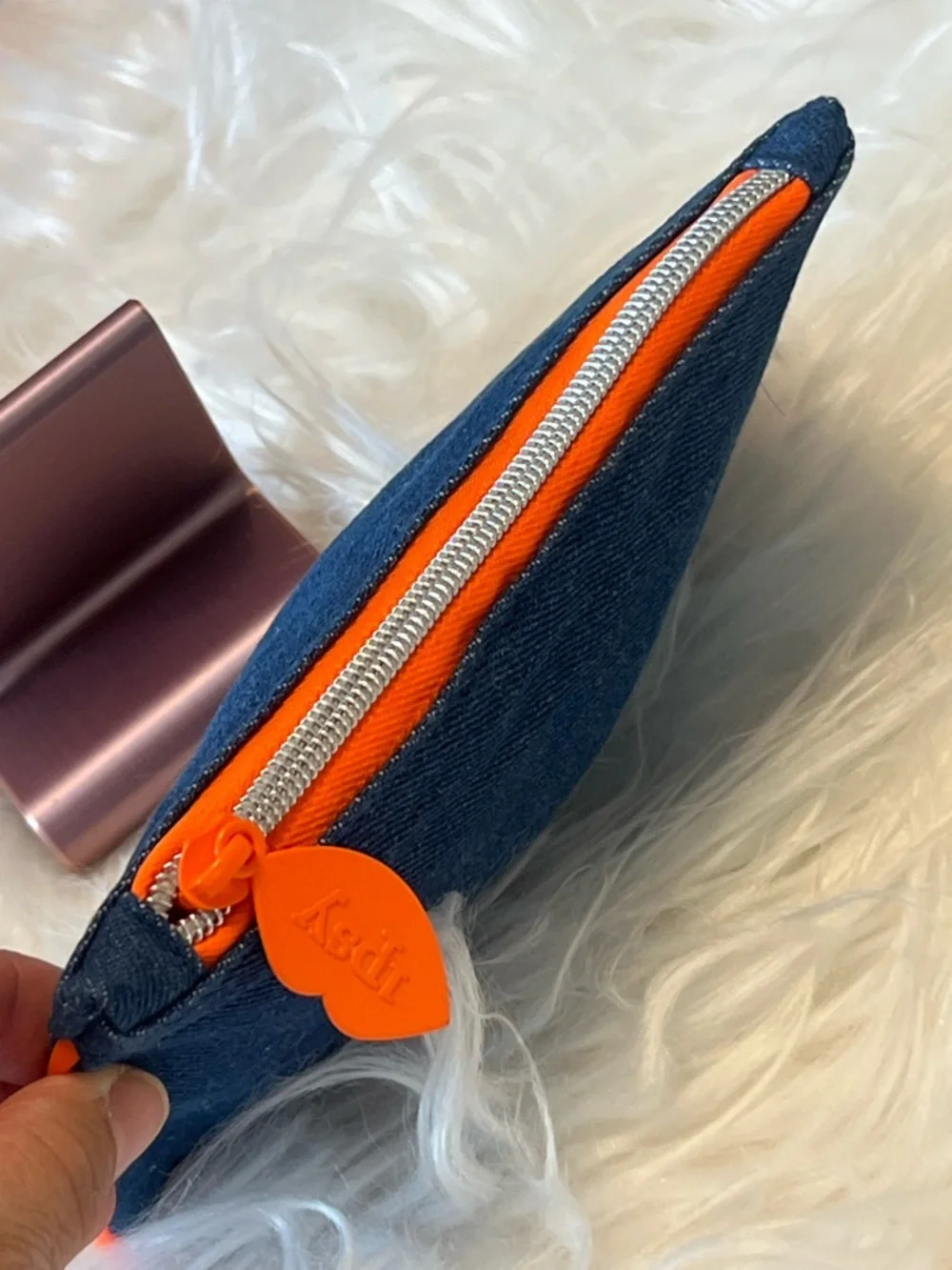 ipsy Dark Blue Denim Cosmetic Bag with Bright Orange Trim